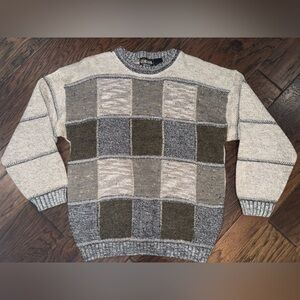 Vintage Men's Patchwork Crewneck Sweater - Beige, Brown, Olive Green size XL